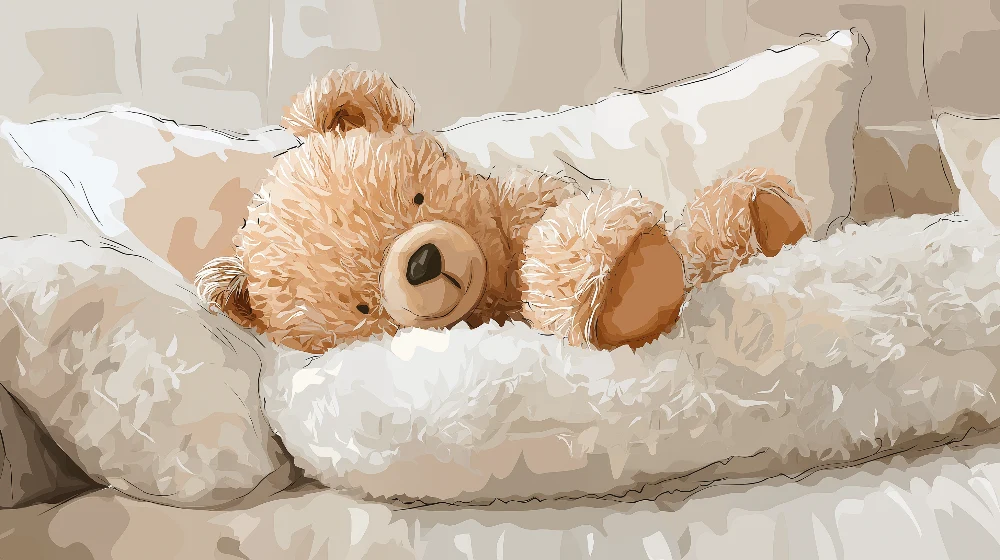 Papel de parede quarto bebê | Fofo ursinho em uma cama macia
