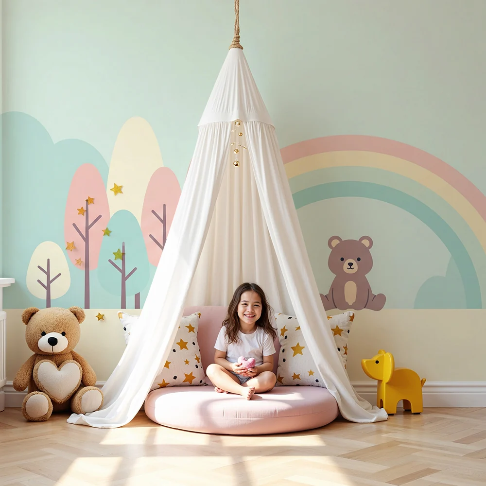 Papel de parede quarto bebê | Fofo ursinho sob um arco-íris pastel