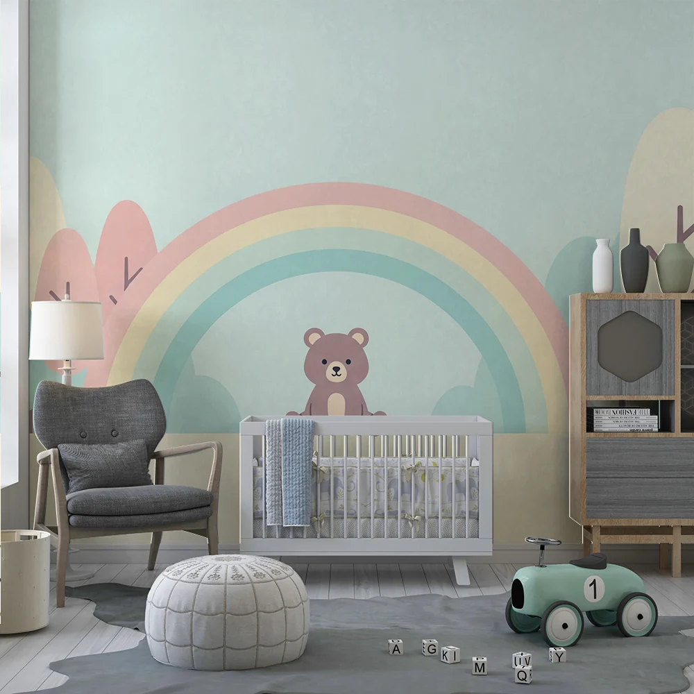 Papel de parede quarto bebê | Fofo ursinho sob um arco-íris pastel