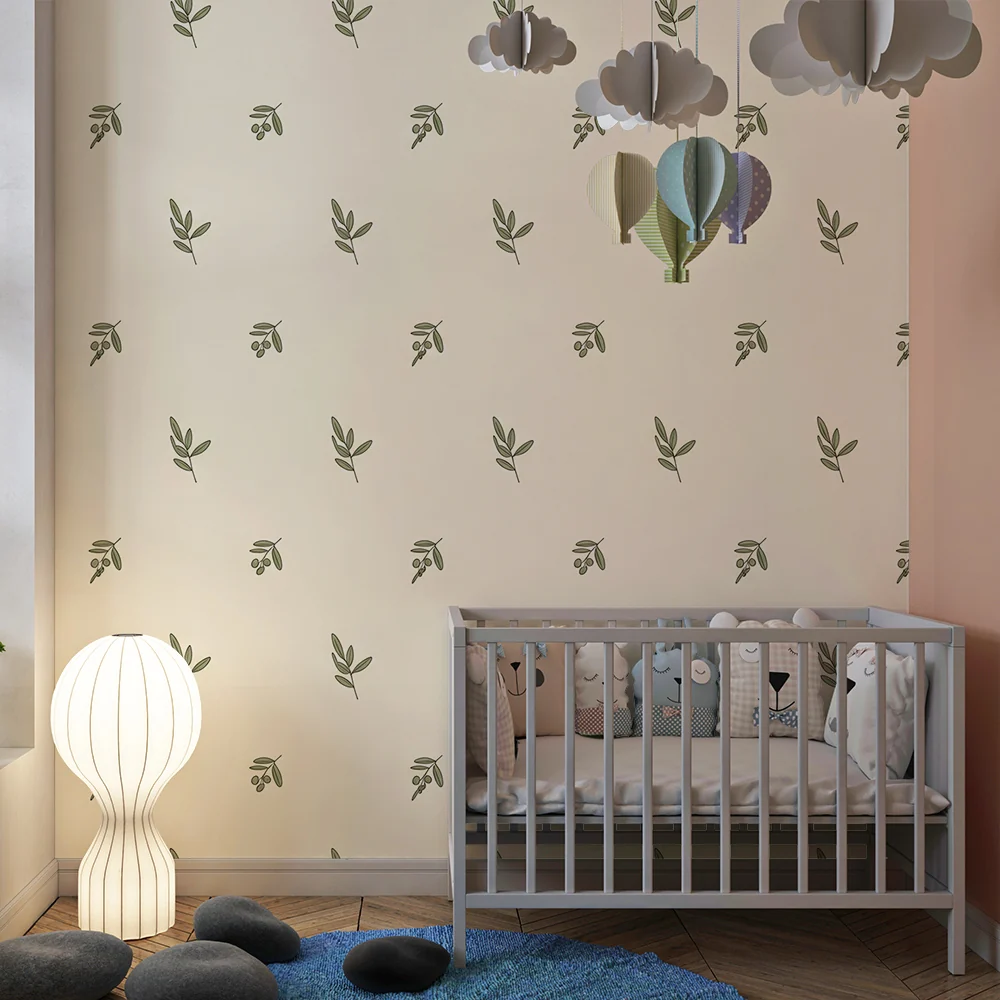 Papel de parede quarto bebê | Folhas delicadas em fundo creme