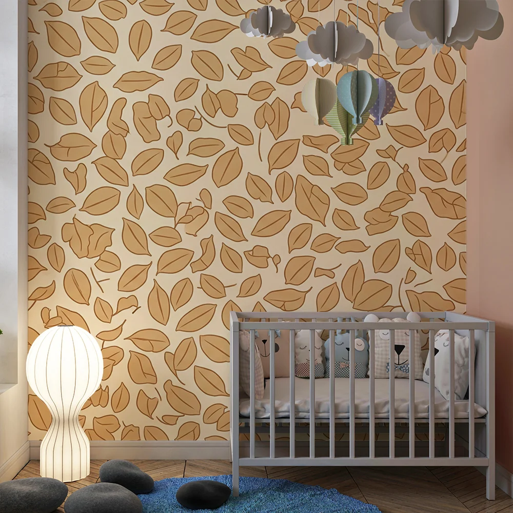 Papel de parede quarto bebê | Folhas delicadas em fundo bege
