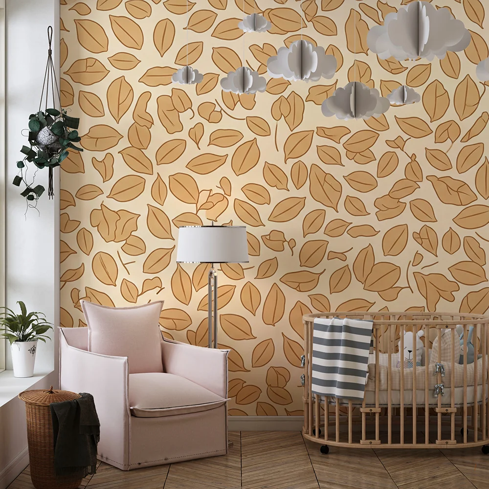 Papel de parede quarto bebê | Folhas delicadas em fundo bege