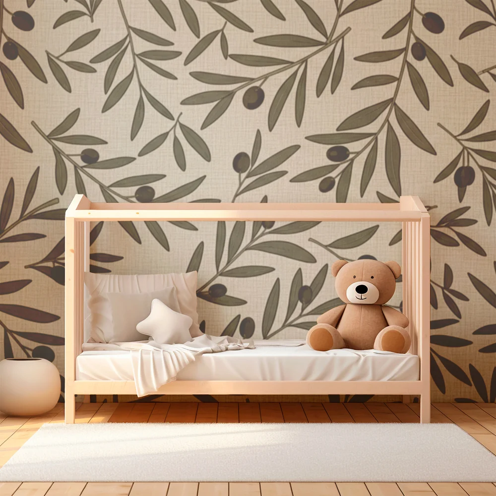 Papel de parede quarto bebê | Folhas de oliveira em fundo bege