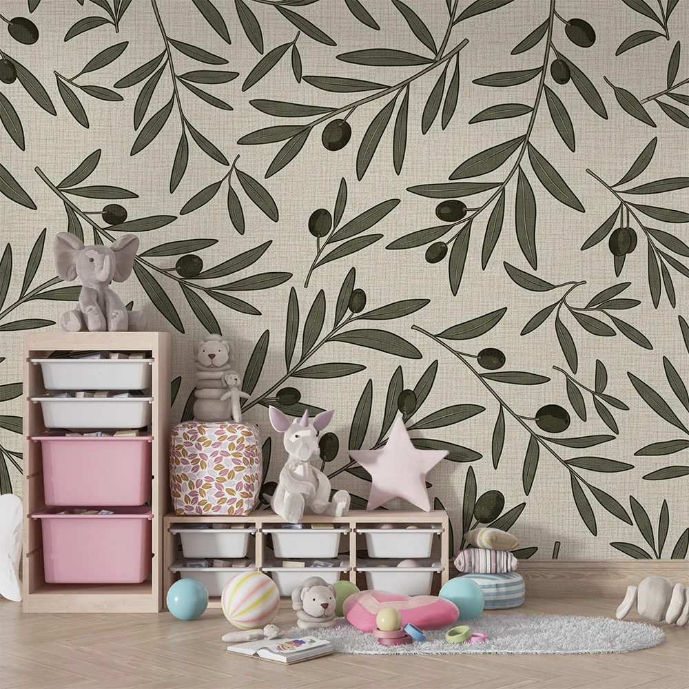 Papel de parede quarto bebê | Folhas de oliveira em fundo bege