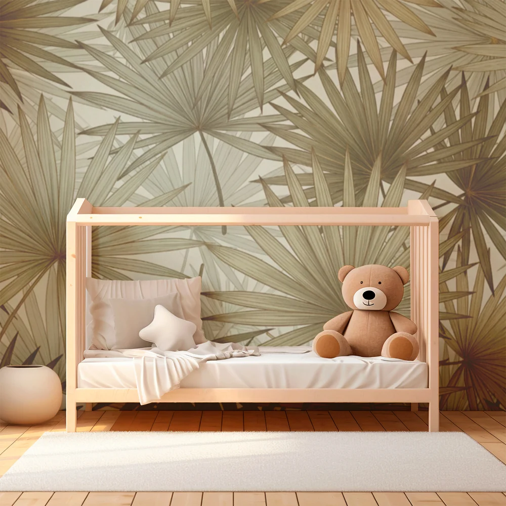 Papel de parede quarto bebê | Folhas de palmeira em tons suaves e calmantes