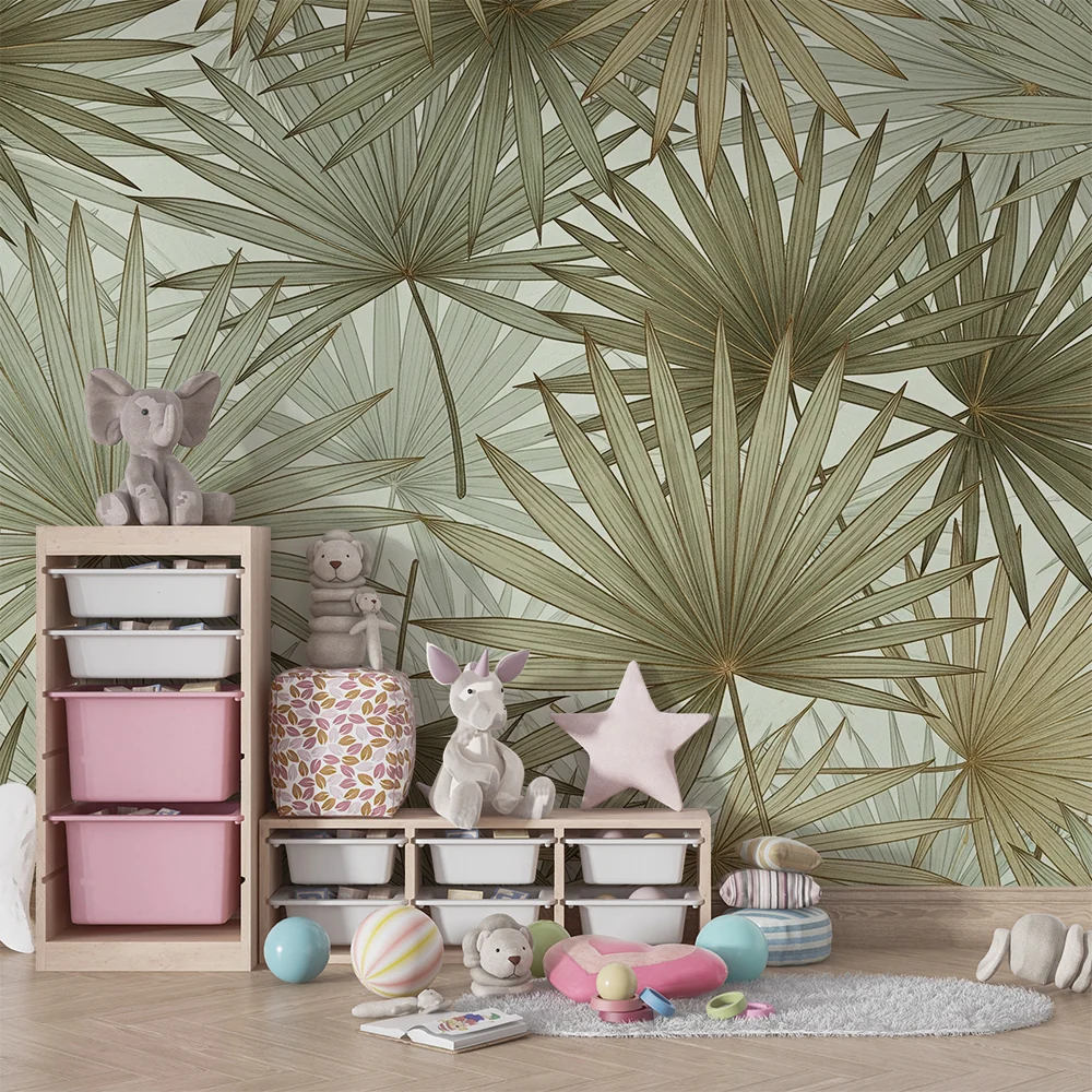 Papel de parede quarto bebê | Folhas de palmeira em tons suaves e calmantes