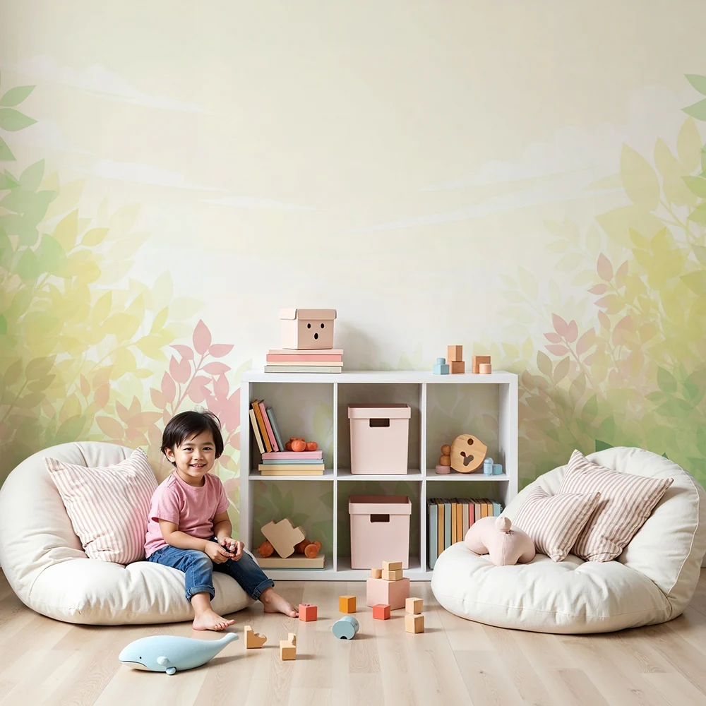 Papel de parede quarto bebê | Folhas suaves e tons pastel para um ambiente tranquilo