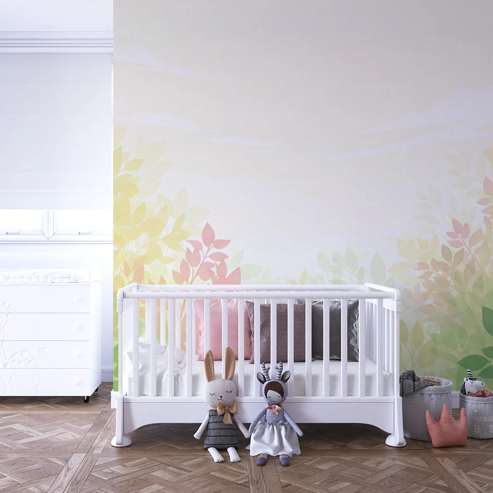 Papel de parede quarto bebê | Folhas suaves e tons pastel para um ambiente tranquilo