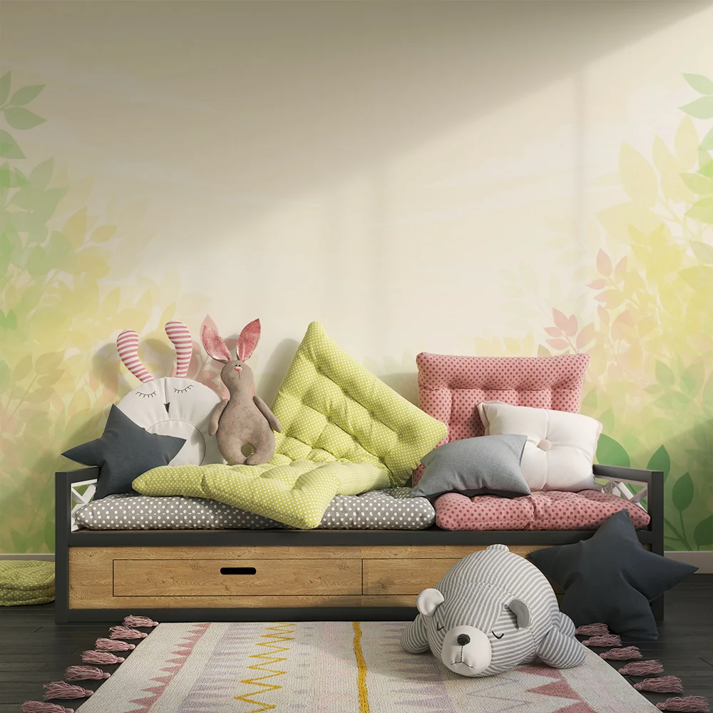 Papel de parede quarto bebê | Folhas suaves e tons pastel para um ambiente tranquilo