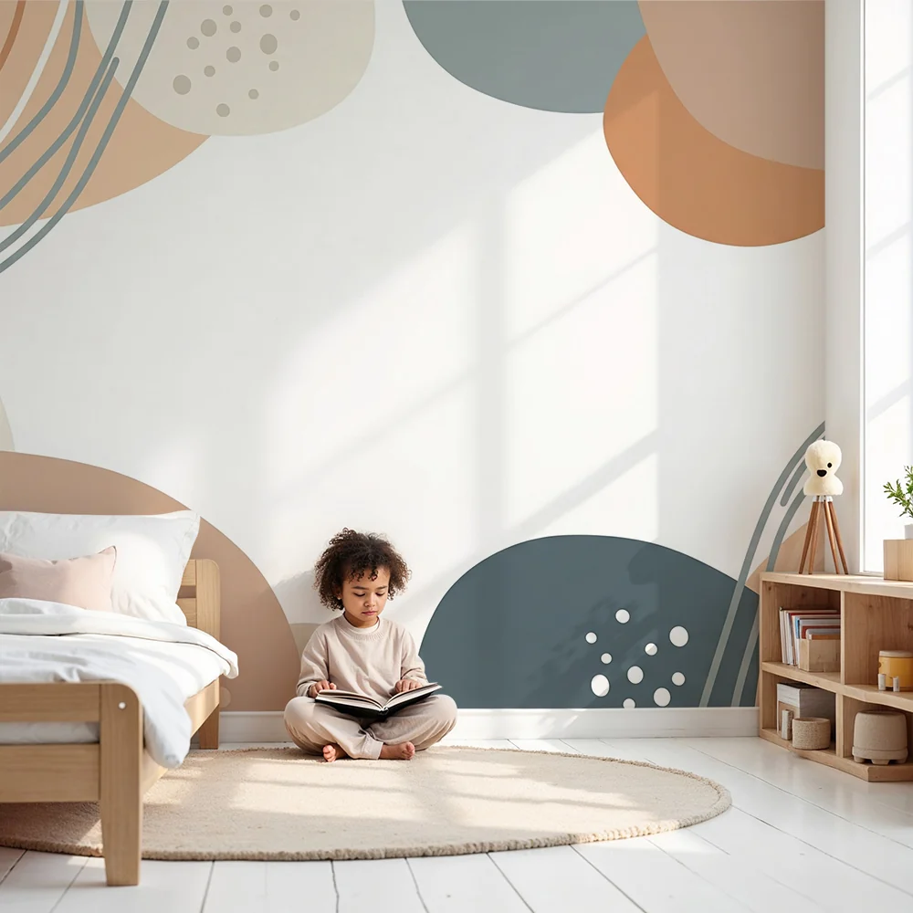 Papel de parede quarto bebê | Formas abstratas e cores suaves para um ambiente calmante