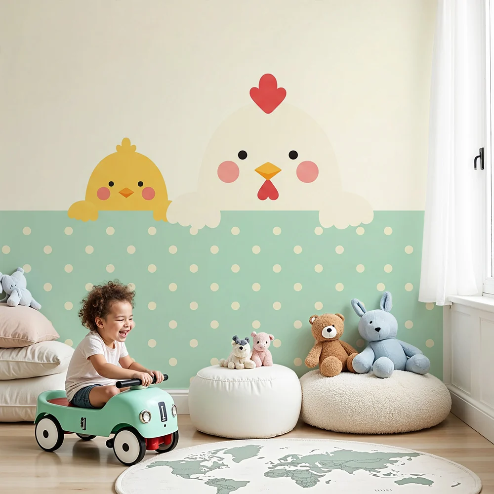 Papel de parede quarto bebê | Galinhas e pintinhos bonitos em fundo pastel