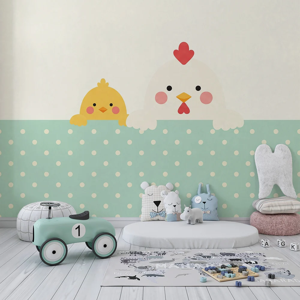 Papel de parede quarto bebê | Galinhas e pintinhos bonitos em fundo pastel