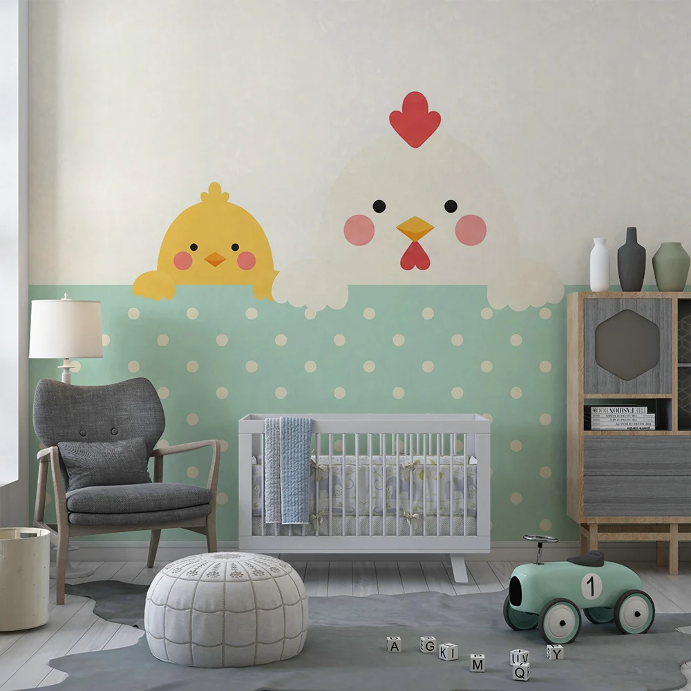 Papel de parede quarto bebê | Galinhas e pintinhos bonitos em fundo pastel