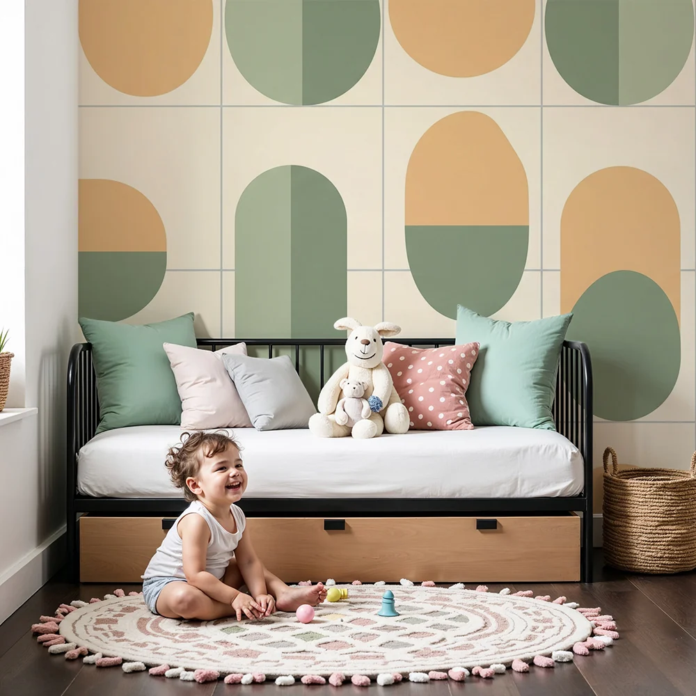 Papel de parede quarto bebê | Geométrico amarelo e verde em tons pastel