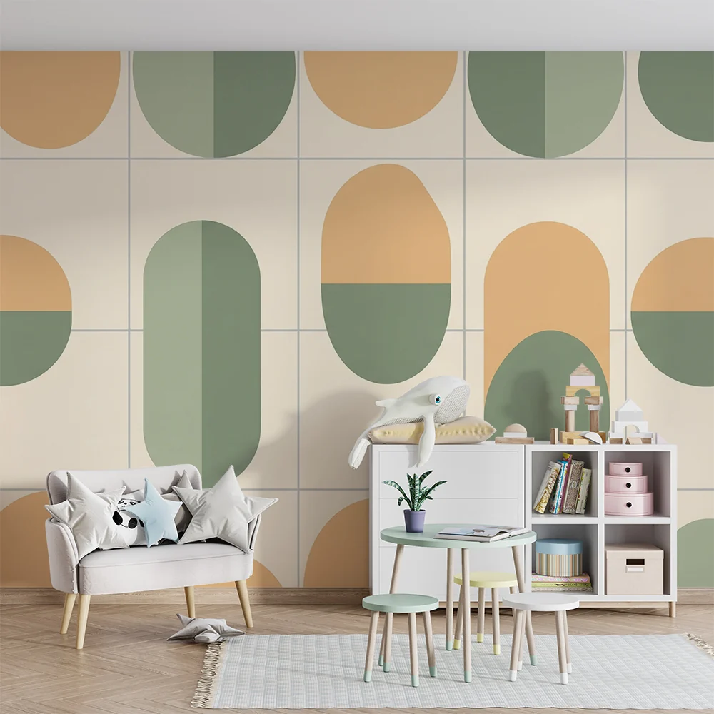 Papel de parede quarto bebê | Geométrico amarelo e verde em tons pastel