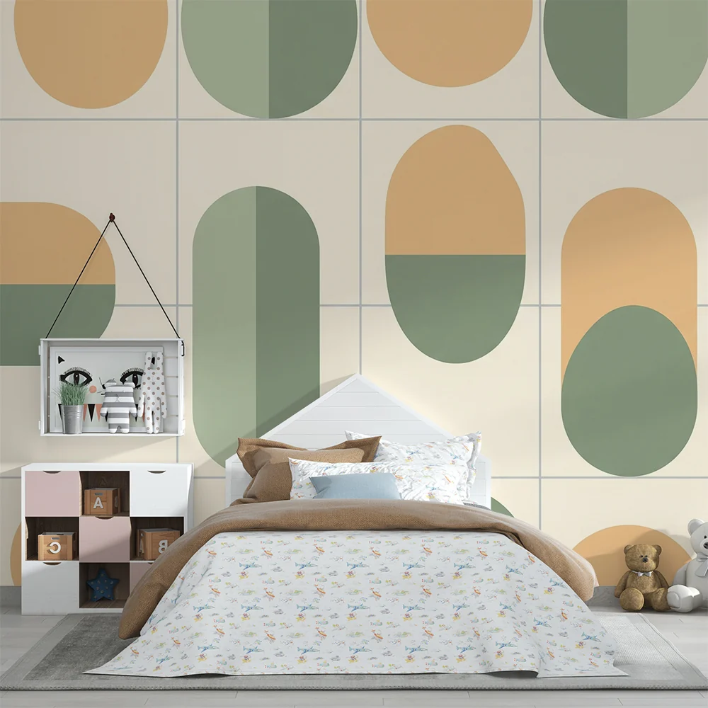 Papel de parede quarto bebê | Geométrico amarelo e verde em tons pastel