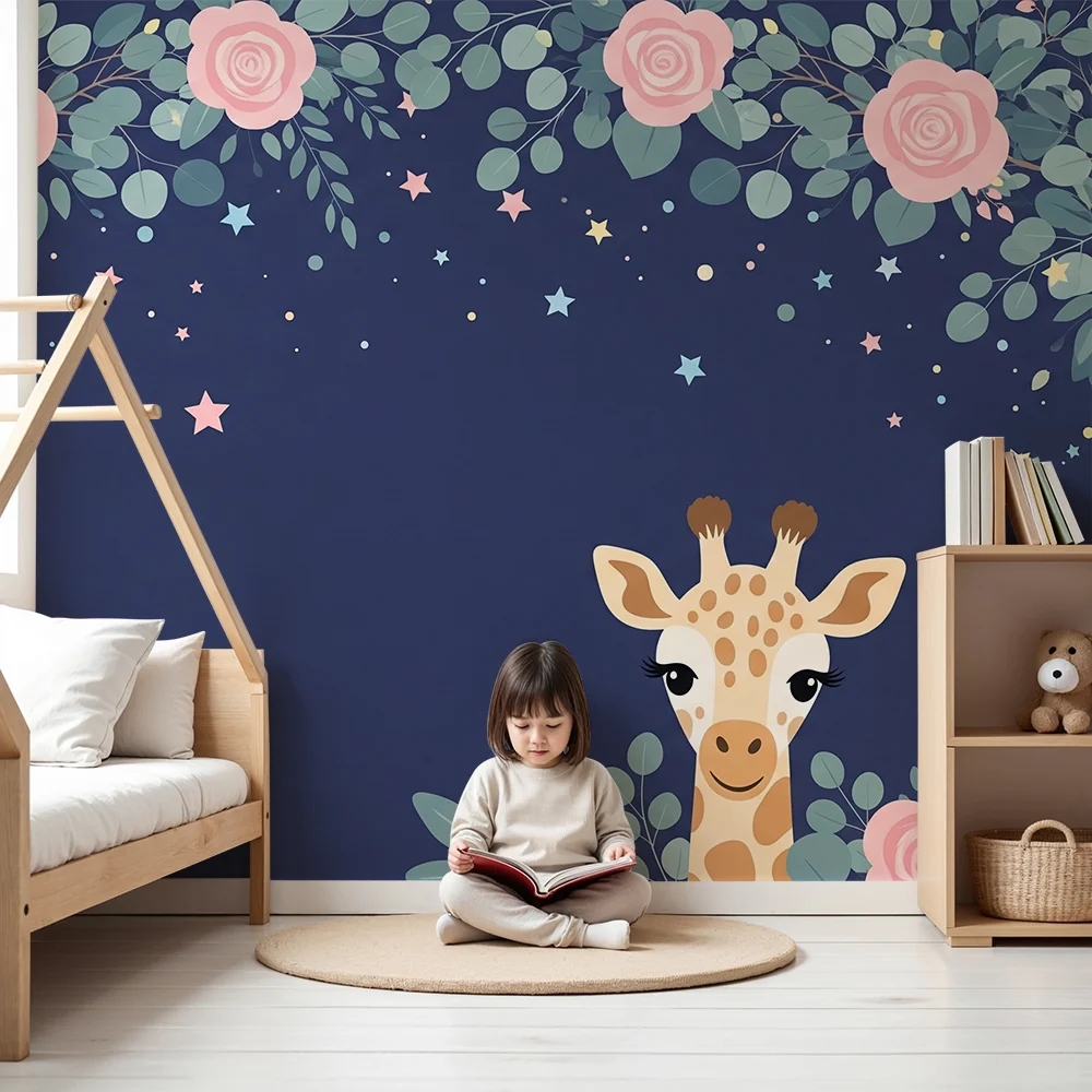 Papel de parede quarto bebê | Girafa fofa e rosas delicadas