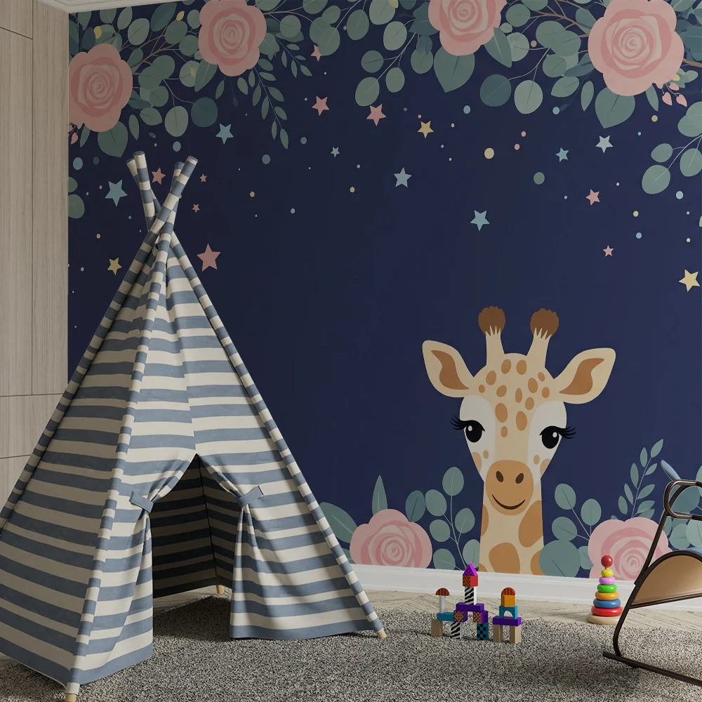 Papel de parede quarto bebê | Girafa fofa e rosas delicadas