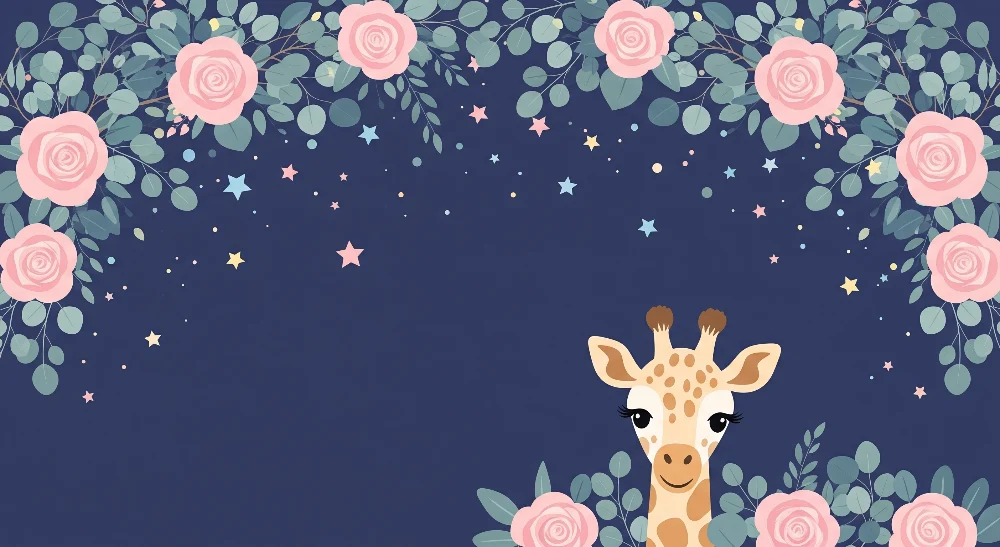Papel de parede quarto bebê | Girafa fofa e rosas delicadas