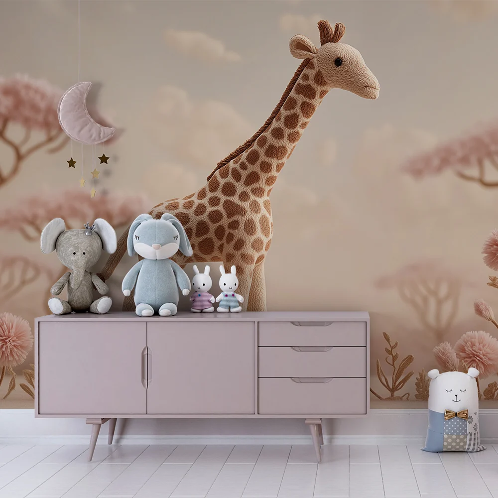 Papel de parede quarto bebê | Girafa suave e paisagem floral pastel
