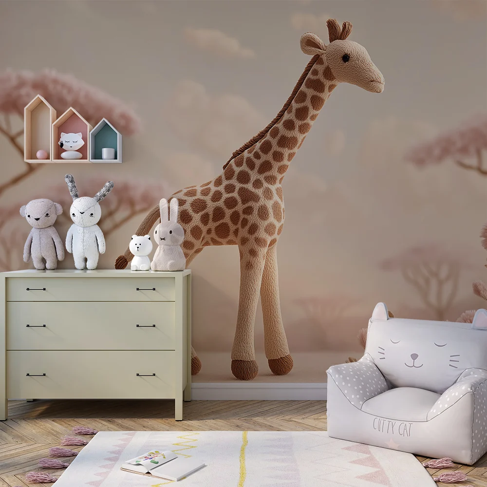 Papel de parede quarto bebê | Girafa suave e paisagem floral pastel
