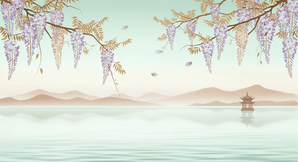 Papel de parede quarto bebê | Glicínias e paisagem tranquila