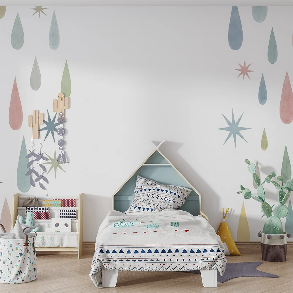 Papel de parede quarto bebê | Gotas e estrelas pastel em fundo branco