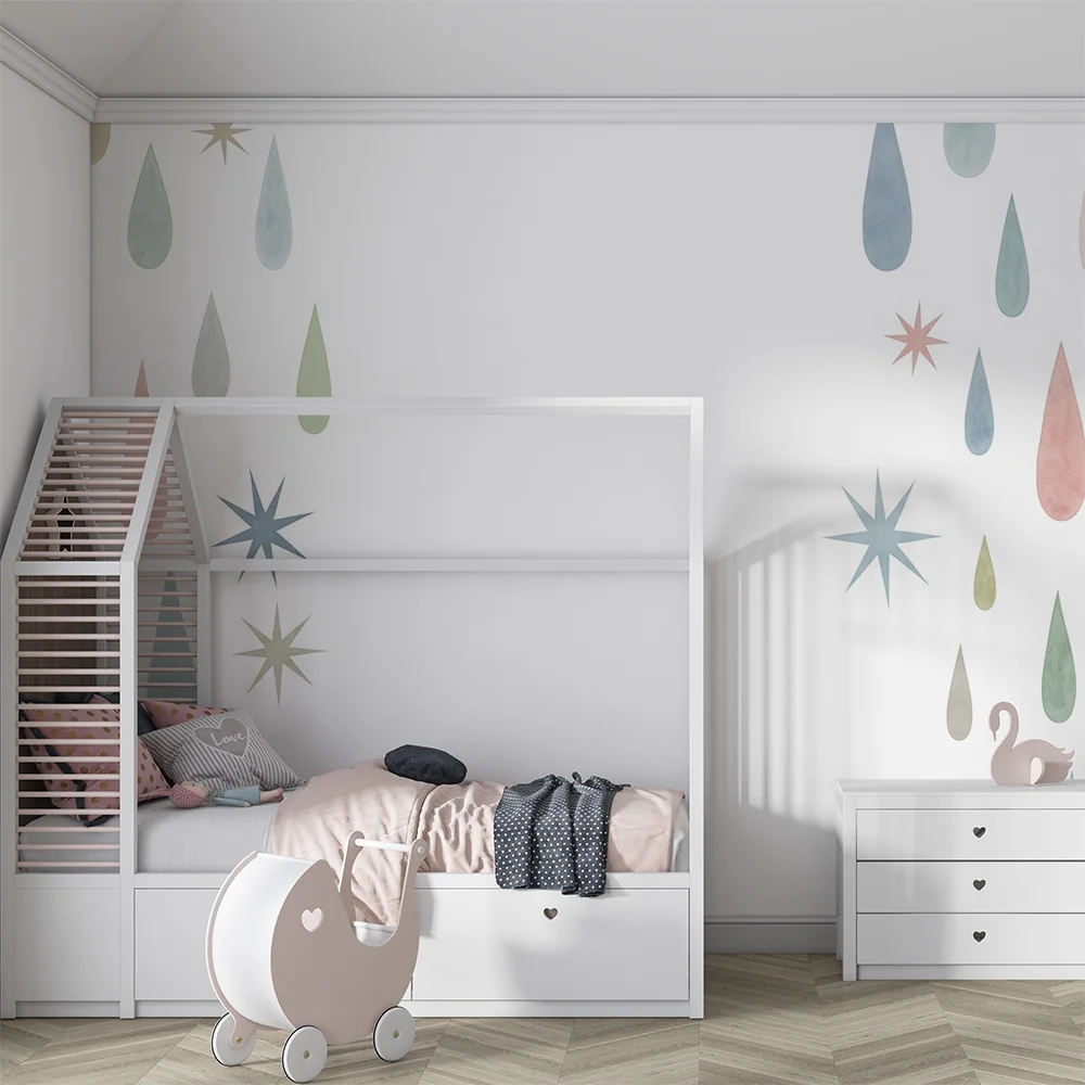 Papel de parede quarto bebê | Gotas e estrelas pastel em fundo branco