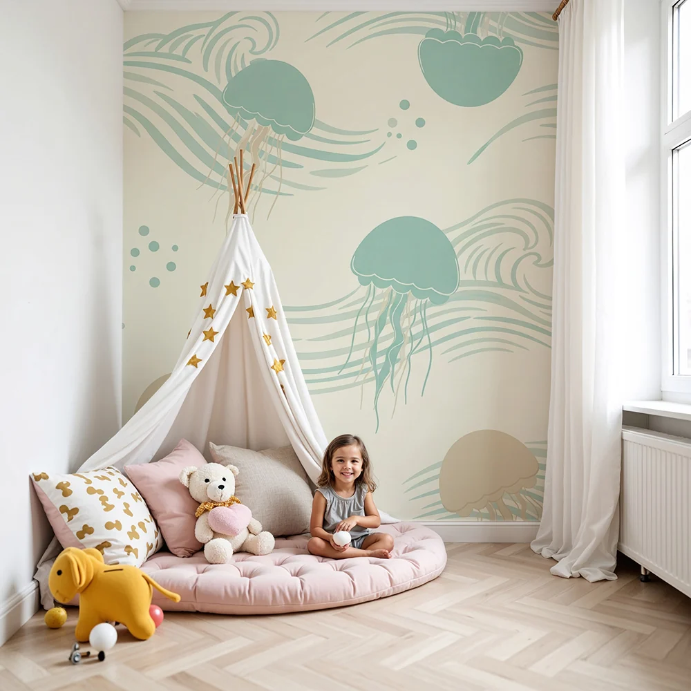 Papel de parede quarto bebê | Águas-vivas e ondas calmantes