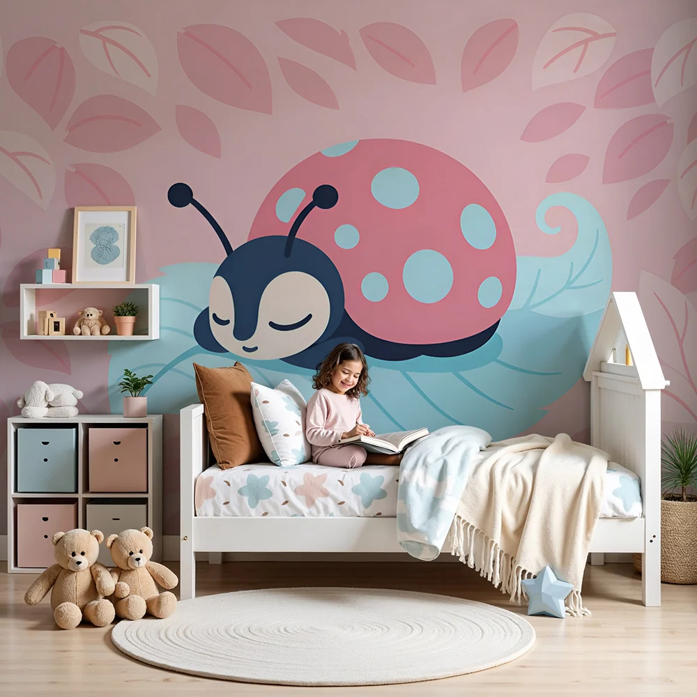 Papel de parede quarto bebê | Joaninha adormecida em folha de cor pastel