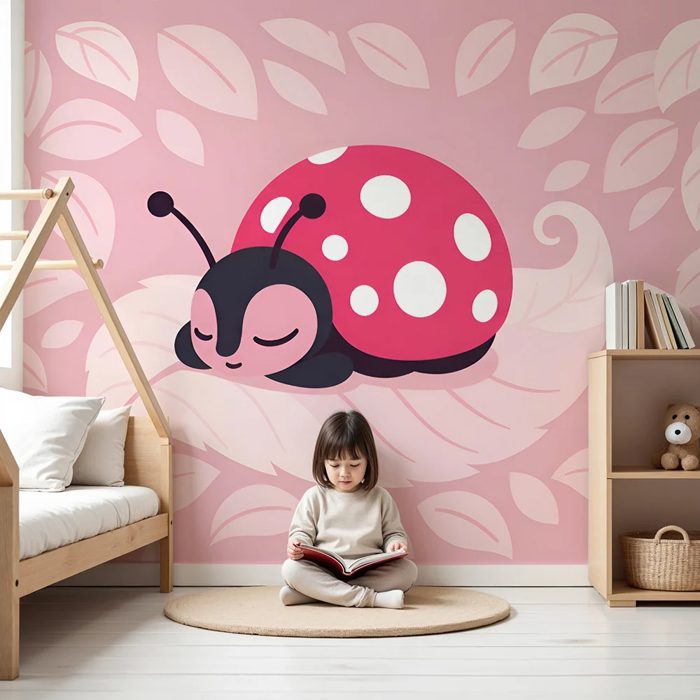 Papel de parede quarto bebê | Joaninha adormecida em folhas cor-de-rosa