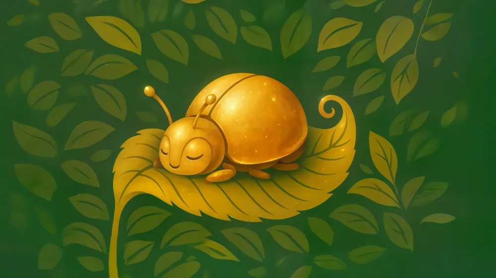 Papel de parede quarto bebê | Joaninha dourada e folhagem verde