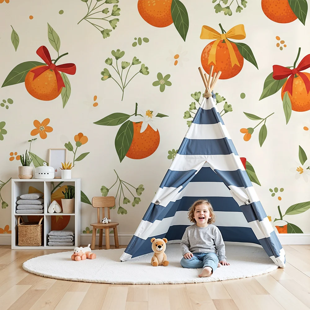 Papel de parede quarto bebê | Laranjas e flores delicadas em fundo claro