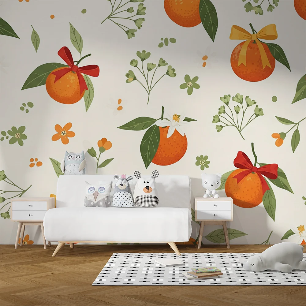 Papel de parede quarto bebê | Laranjas e flores delicadas em fundo claro