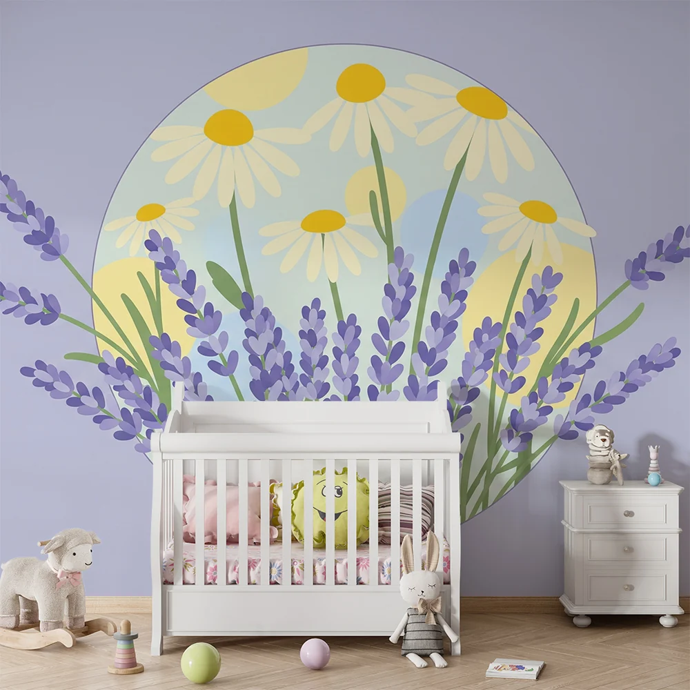 Papel de parede quarto bebê | Lavanda e margaridas em fundo lilás