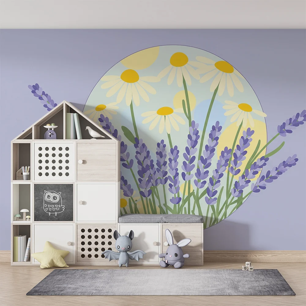 Papel de parede quarto bebê | Lavanda e margaridas em fundo lilás