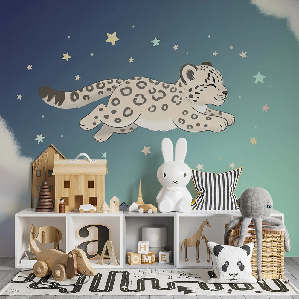 Papel de parede quarto bebê | Leopard jumping among stars
