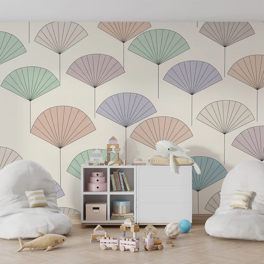 Papel de parede quarto bebê | Leques pastel em fundo suave