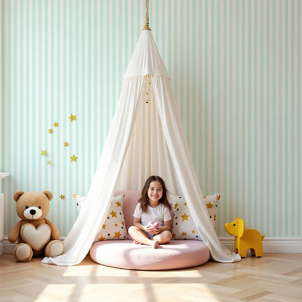Papel de parede quarto bebê | Listras verticais verde-água