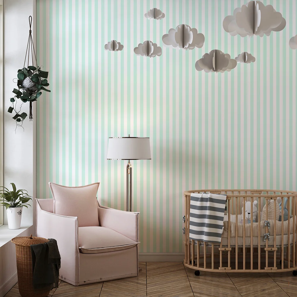 Papel de parede quarto bebê | Listras verticais verde-água
