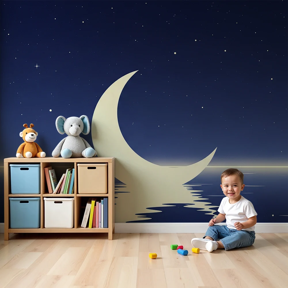 Papel de parede quarto bebê | Lua e estrelas em um fundo noturno calmante