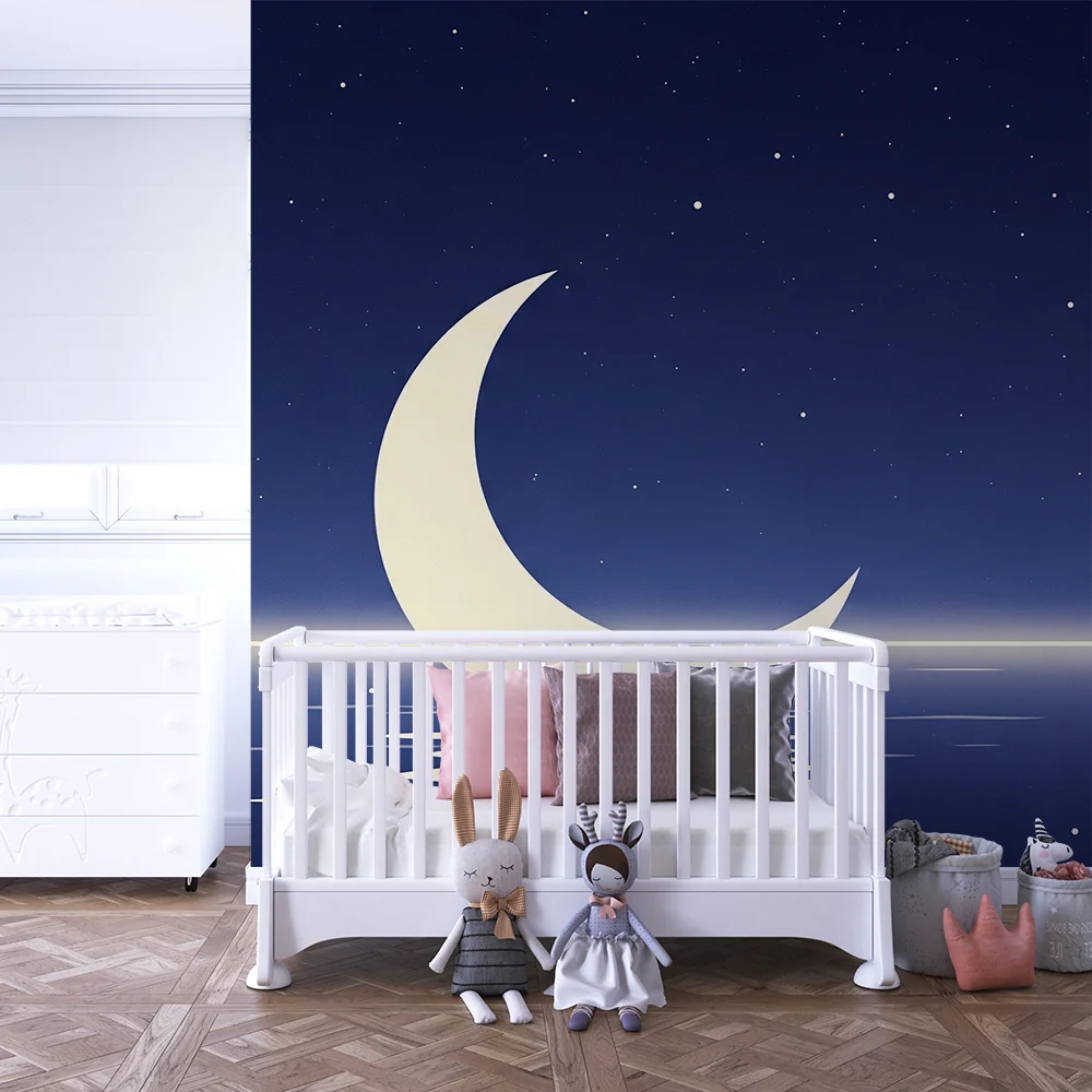 Papel de parede quarto bebê | Lua e estrelas em um fundo noturno calmante