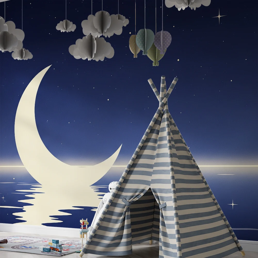 Papel de parede quarto bebê | Lua e estrelas em um fundo noturno calmante