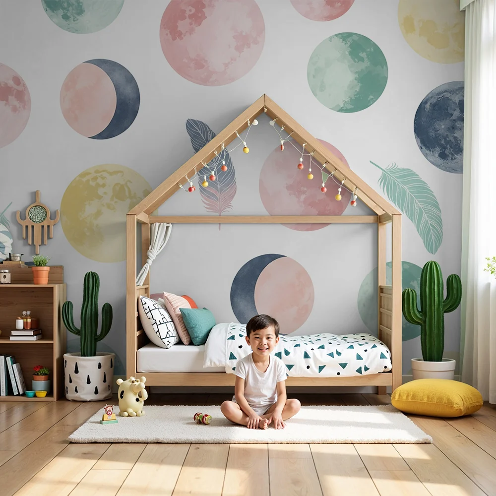 Papel de parede quarto bebê | Lua e estrelas em tons suaves