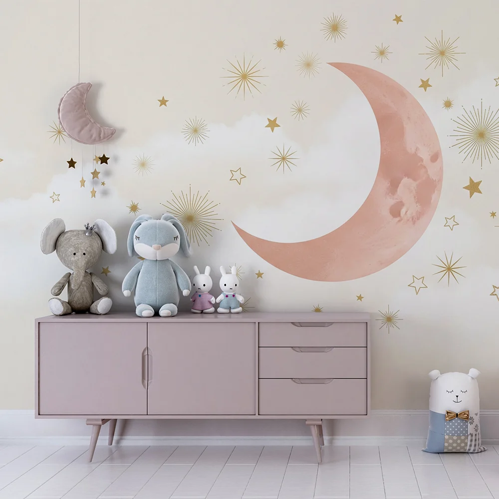 Papel de parede quarto bebê | Lua e estrelas douradas
