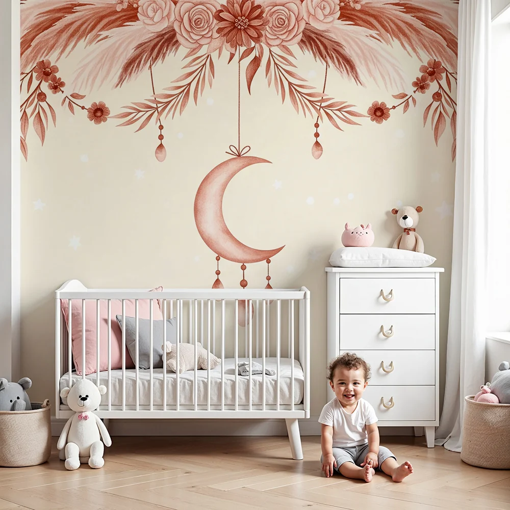 Papel de parede quarto bebê | Lua e flores delicadas