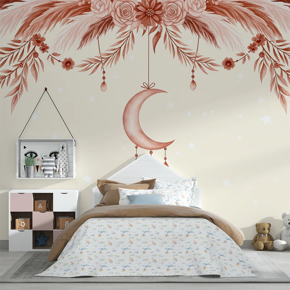 Papel de parede quarto bebê | Lua e flores delicadas