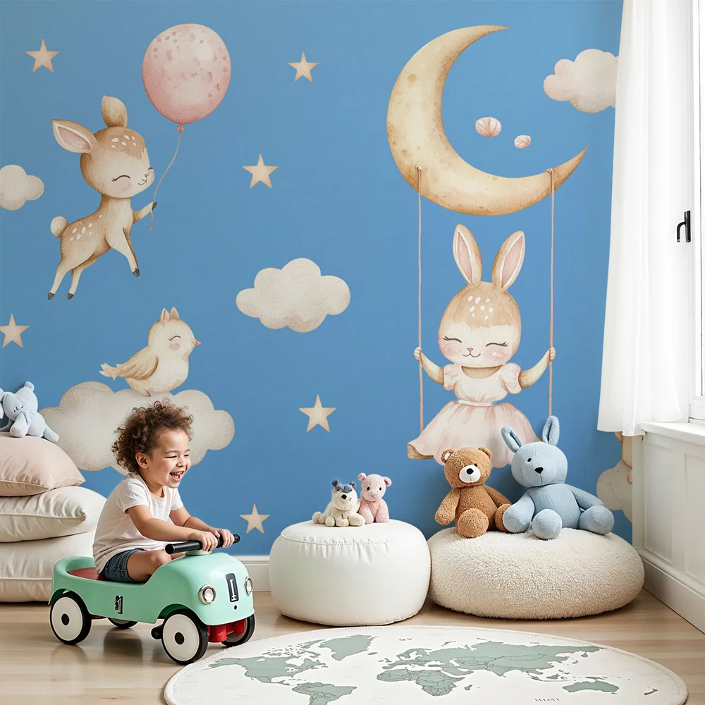 Papel de parede quarto bebê | Lua sonhadora e animais