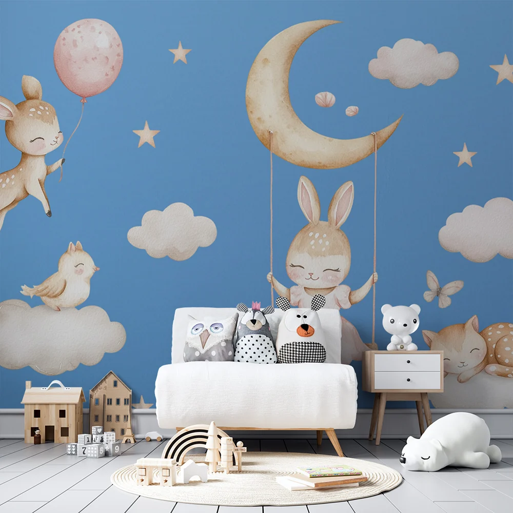 Papel de parede quarto bebê | Lua sonhadora e animais