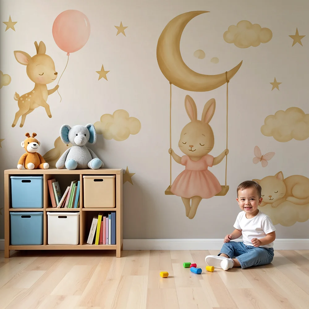 Papel de parede quarto bebê | Lua de sonho com animais fofos